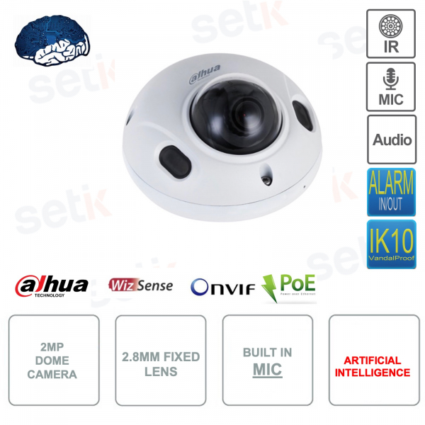 Caméra Dôme IP PoE ONVIF® - 2MP - Objectif fixe 2.8mm - Intelligence Artificielle - Audio - Alarme