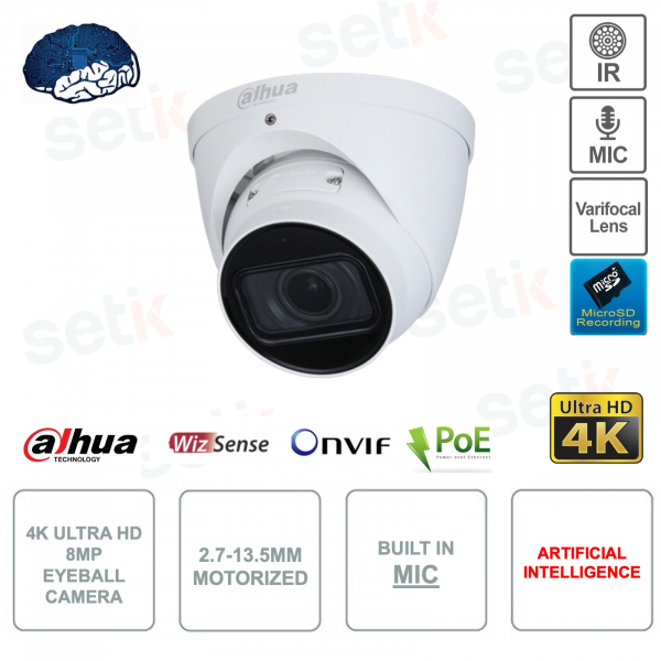 Caméra globe oculaire - IP ONVIF® PoE - 8MP 4K - Varifocale 2,7 mm – 13,5 mm - IR 40m - Intelligence artificielle