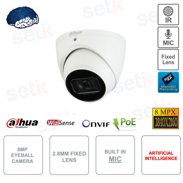 Caméra Eyeball IP PoE ONVIF® - 8MP ULTRAHD 4K - 2.8mm fixe - Intelligence Artificielle - Microphone - IR 30m