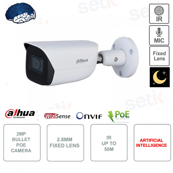 Caméra Bullet IP PoE ONVIF® 2MP - Objectif 2.8mm - IR 50M - Intelligence Artificielle - Alarme d'événement - Microphone