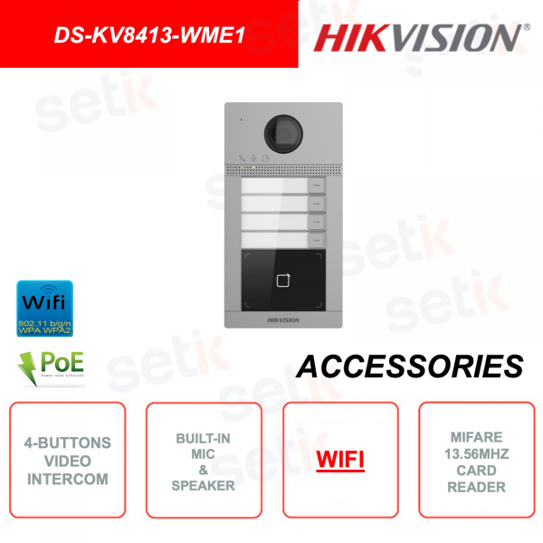 PoE video intercom station - HD 2MP camera - Wi-FI - 4 call buttons - Mifare 13.56Mhz Reader - IR 3m