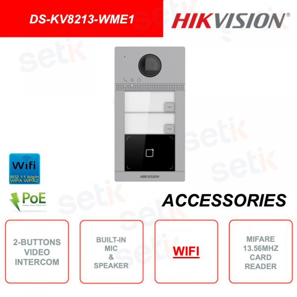 Interphone vidéo PoE - Caméra HD 2MP - Wi-FI - 2 boutons d'appel - Lecteur Mifare 13.56Mhz - IR 3m