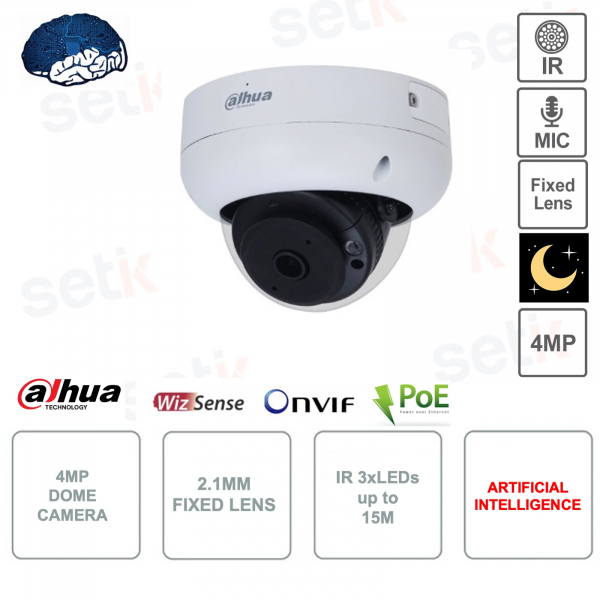 Telecamera IP PoE ONVIF® Dome - 4MP - Ottica 2.1mm - IR 15m - Intelligenza artificiale