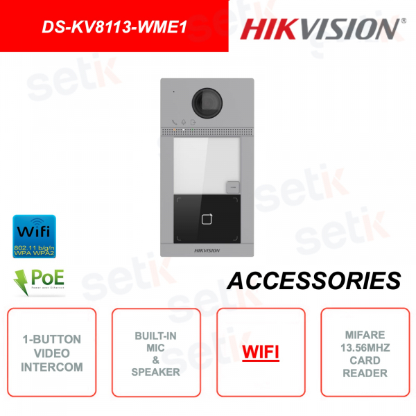 PoE video door phone station - 2MP HD camera - Wi-FI - 1 button - Mifare Reader - IR 3m