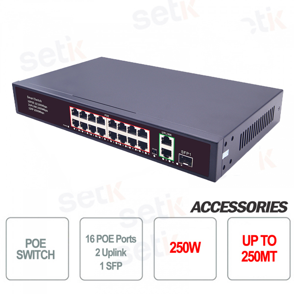 Poe-Switch 16 Ports PoE + 2 Uplinks + 1 SFP 250W - Setik