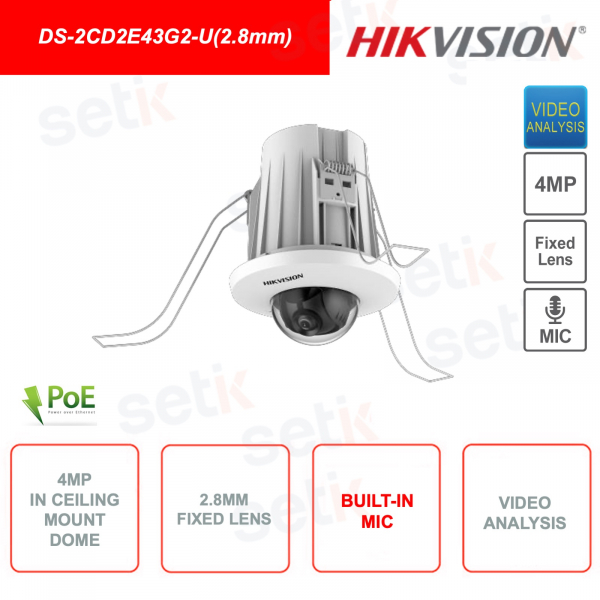 Telecamera da  incasso a soffitto - Mini Dome IP PoE 4MP - Ottica 2.8mm - Microfono - WDR 120dB - Video Analisi