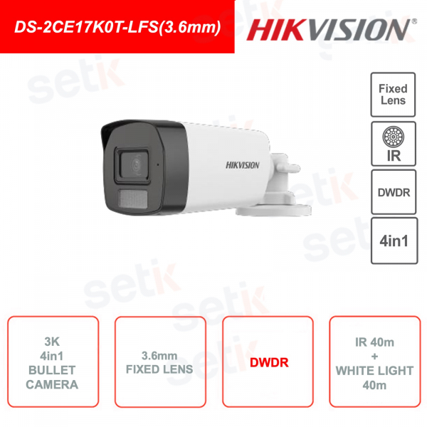Caméra Bullet 4en1 - 3K - objectif 3.6mm - IR 40m et lumière blanche 40m - IP67