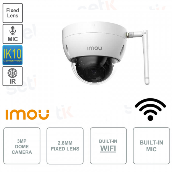 3MP ONVIF IP Dome Camera - 2.8mm Lens - Microphone - WIFI - IP67 and IK10 - IR30m