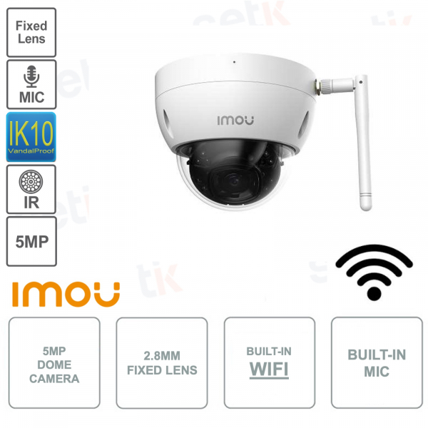 5MP ONVIF® IP Dome Camera - 2.8mm lens - Microphone - WIFI - IP67 and IK10 - Metal body - IR30m