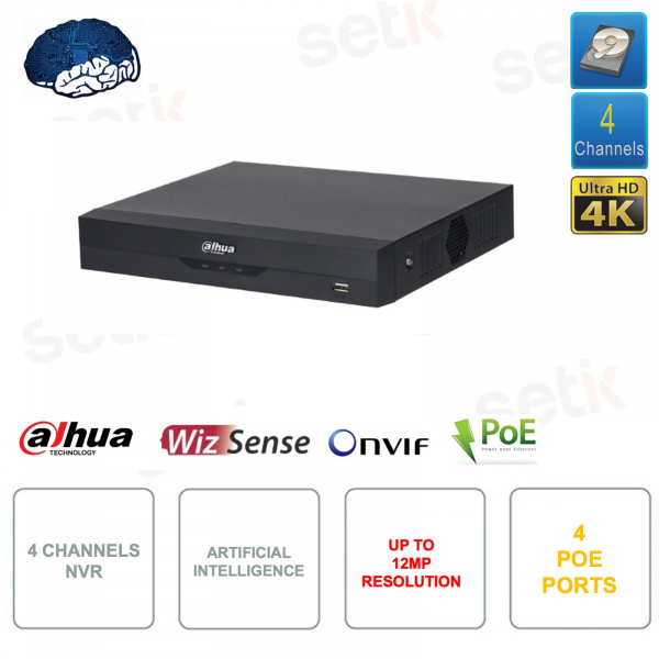 NVR IP PoE ONVIF® 4 canales - Hasta 12MP - 4 puertos PoE - Inteligencia artificial