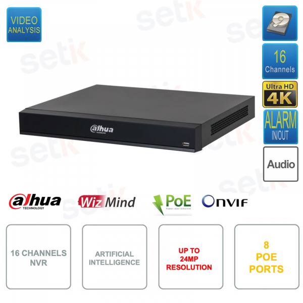 NVR IP ePoE ONVIF® 16 canales - Hasta 24MP - 8 puertos PoE - Análisis de video - ePoE - EOC
