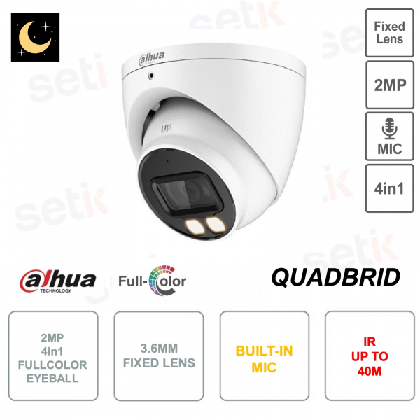 Caméra HDCVI Eyeball 2MP 4en1 - 3.6mm - Microphone - IP67 - IR 40m - Version S2