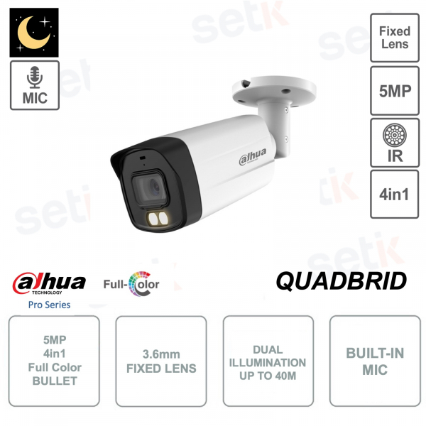 Caméra Bullet 4en1 - 5MP - 3.6mm - Full Color - Microphone - Double éclairage