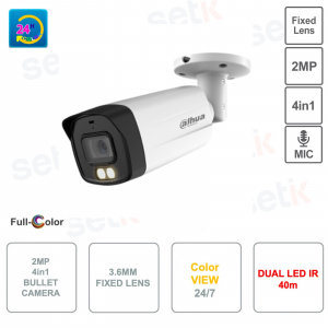 Caméra bullet 4en1 - 2MP - Full Color - Dual IR 40m - WDR 130dB - Objectif 3.6mm - Extérieur