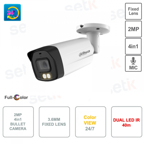 Caméra bullet 4en1 - 2MP - Full Color - Dual IR 40m - WDR 130dB - Objectif 3.6mm - Extérieur