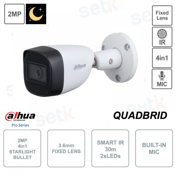 Caméra Bullet Starlight 4en1 2MP - 3.6mm - Microphone - Version S2 - Smart IR 30m