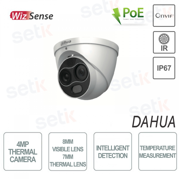 Dahua Eyeball WizSense Cámara térmica 4MP Óptica visible 8mm Óptica térmica 7mm Detección de temperatura IR30 Audio IP67