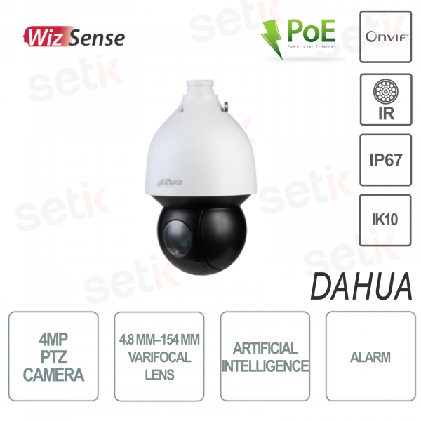Cámara Dahua PTZ WizSense 4MP 1440P PoE+ Onvif Foclae 4.8-154mm IR150 IP67 IK10 Inteligencia Artificial