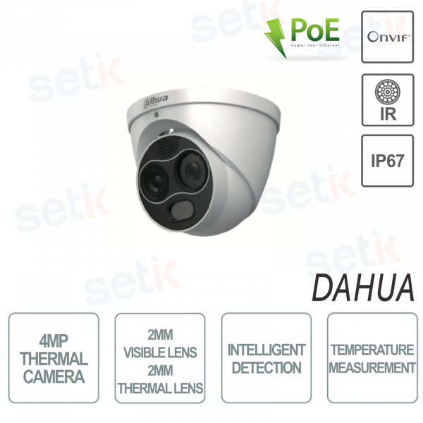 Dahua Eyeball WizSense Therma Camera 4MP Óptica visible 2mm Óptica térmica 2mm Detección de temperatura IR30 Audio IP67