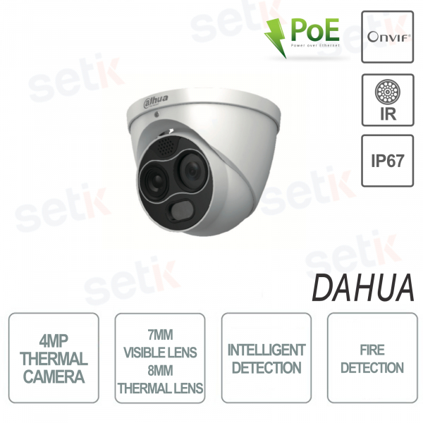 Dahua Bullet Therma Kamera 4MP Sichtbares Objektiv 8mm Thermalobjektiv 7mm IR30 Audioalarm IP67