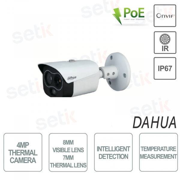 Cámara térmica Dahua Bullet 4MP Lente visible 8mm Lente térmica 7mm Detección de temperatura IR30 Audio IP67