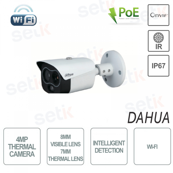 Cámara térmica Dahua Bullet Wi-Fi 4MP Lente visible 8mm Lente térmica 7mm Detección de temperatura IR30 Audio IP67