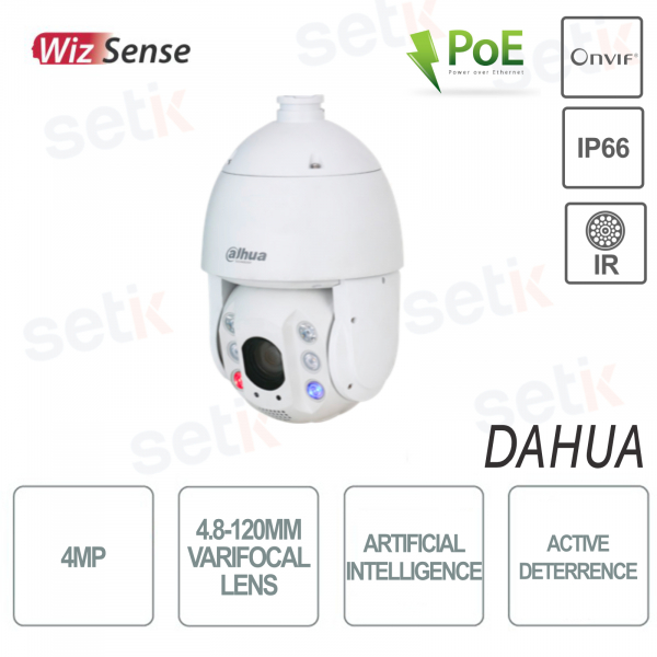 Dahua PTZ Starlight WizSense 4MP 4.8-120mm Onvif PoE IR150 Disuasión activa Inteligencia artificial IP66