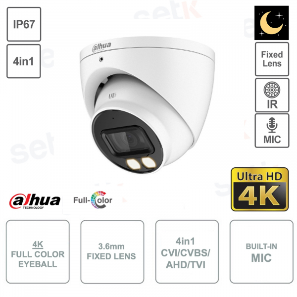 Cámara Eyeball Full Color 8MP 4K - 4in1 - 3.6mm - IP67 - Micrófono - Smart IR 40m