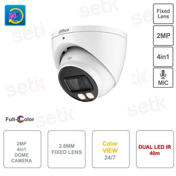 Caméra Dôme Full Color 4en1 - 2MP - Double Illuminateur Intelligent 40m - Microphone - Objectif 2.8mm