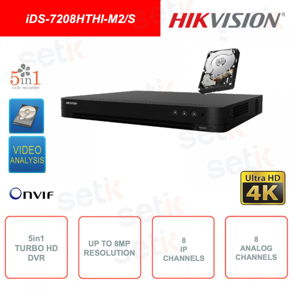 Grabador Turbo HD Hikvision - IP ONVIF® - 5en1 - 8MP - 8 canales IP - 8 canales analógicos + 2HDD Incluido - Video Análisis