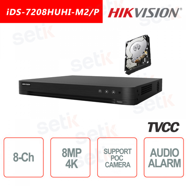 DVR Hikvision 8 Canali 8MP 4K  + HDD 1TB Incluso - Audio e Allarme - POC