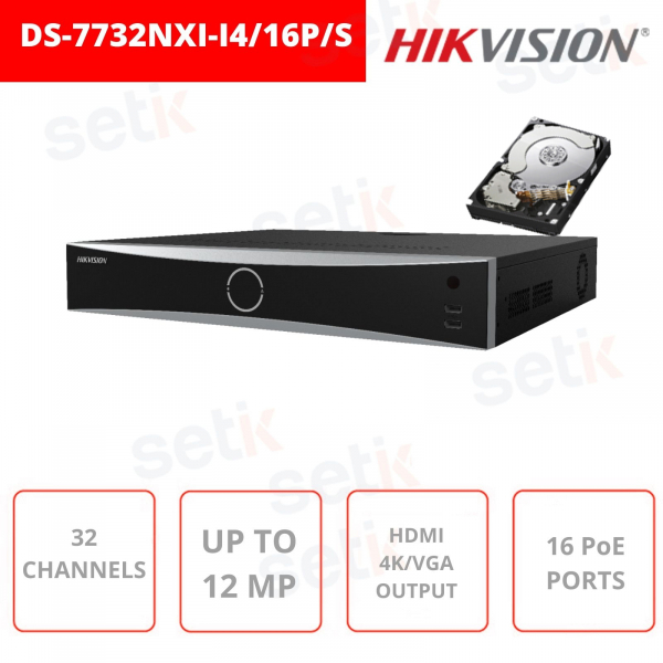 NVR 32 canales IP 16 puertos PoE HDMI 4K VGA Full HD - HDD de 2TB incluido - DS-7732NXI-I4/16P/S - Hikvision