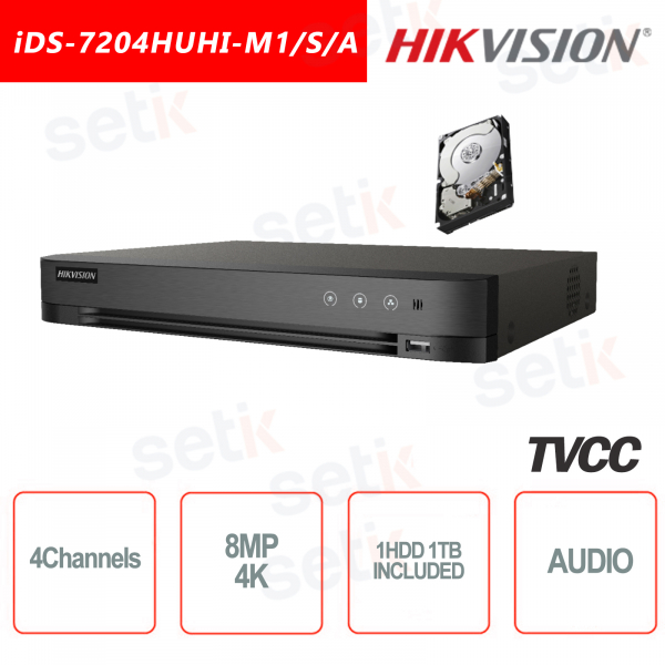 DVR Hikvision 4 Canali 8MP 4K ULTRA HD + HDD 1TB Audio Rilevamento Facciale