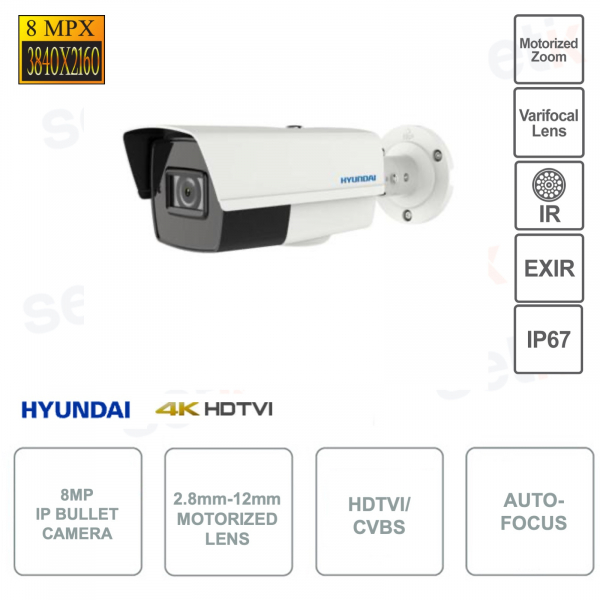 Telecamera Bullet 8MP 4K - Output HDTVI e CVBS - 2.8-12mm con autofocus - IP67