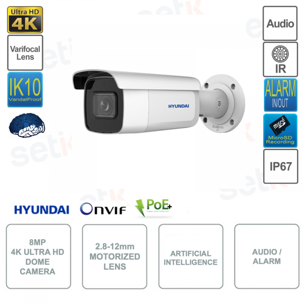 Cámara Bullet IP POE+ ONVIF® 8MP 4K - Inteligencia Artificial - Motorizada 2.8-12mm