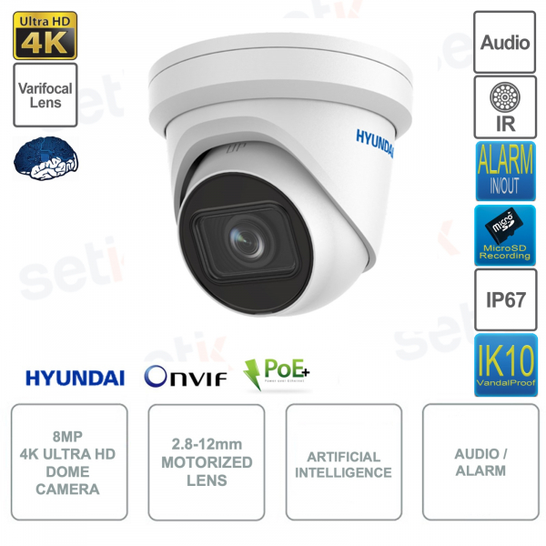 Cámara Domo IP POE ONVIF® 8MP 4K - Inteligencia Artificial - Motorizada 2.8-12mm