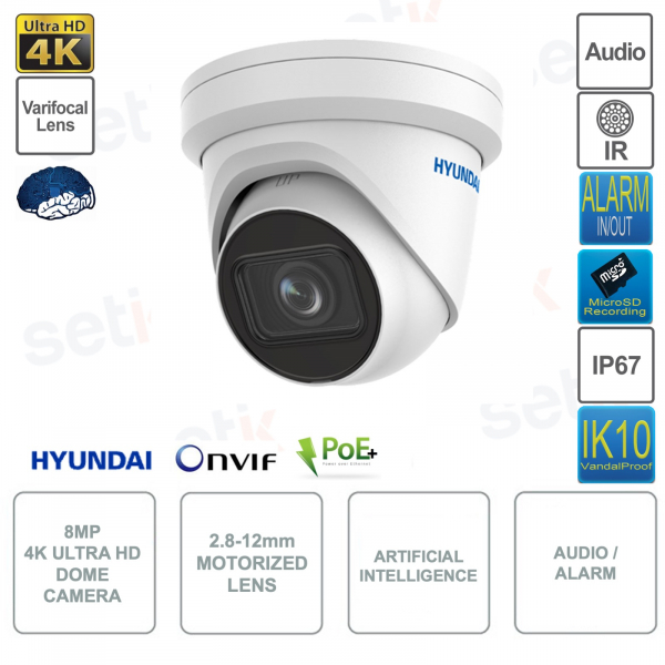 Caméra Dôme IP POE ONVIF® 8MP 4K - Intelligence Artificielle - Motorisée 2.8-12mm
