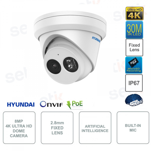 Caméra Dôme IP POE ONVIF® - 8MP 4K - 2.8mm Fixe - Intelligence Artificielle - IR 30m