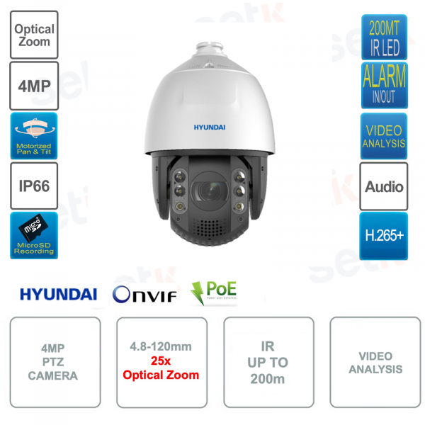Caméra IP POE ONVIF® PTZ 4MP - 4.8-120mm - Analyse Vidéo - IP66 - IR 200m