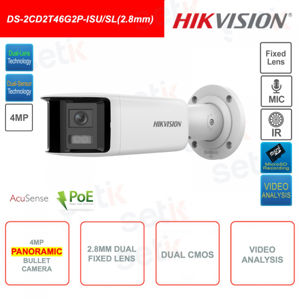 Caméra panoramique IP PoE 4MP Bullet - Double objectif 2,8 mm et double CMOS - Microphone - Analyse vidéo