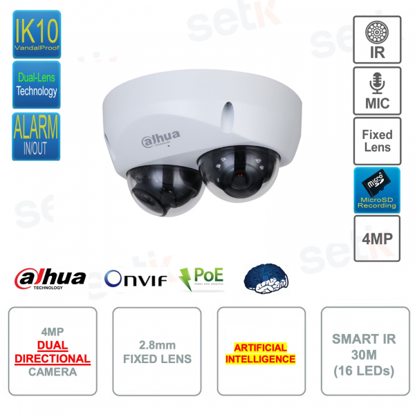Double Caméra IP POE ONVIF® - 2.8mm - 4MP - Intelligence Artificielle - Smart IR 30m