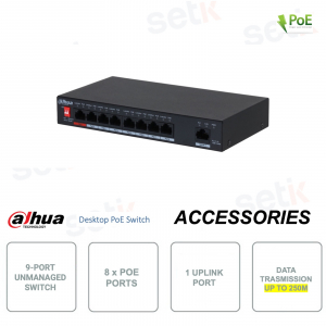 Switch industriale non gestionabile - 9 porte - 8 porte PoE e 1 porta uplink - V2