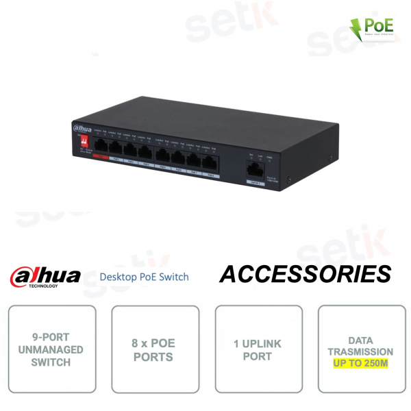 Switch industriale non gestionabile - 9 porte - 8 porte PoE e 1 porta uplink - V2