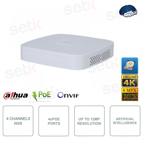 NVR IP POE ONVIF® 4 channels - 4 PoE ports - Up to 12MP - Artificial intelligence - S3