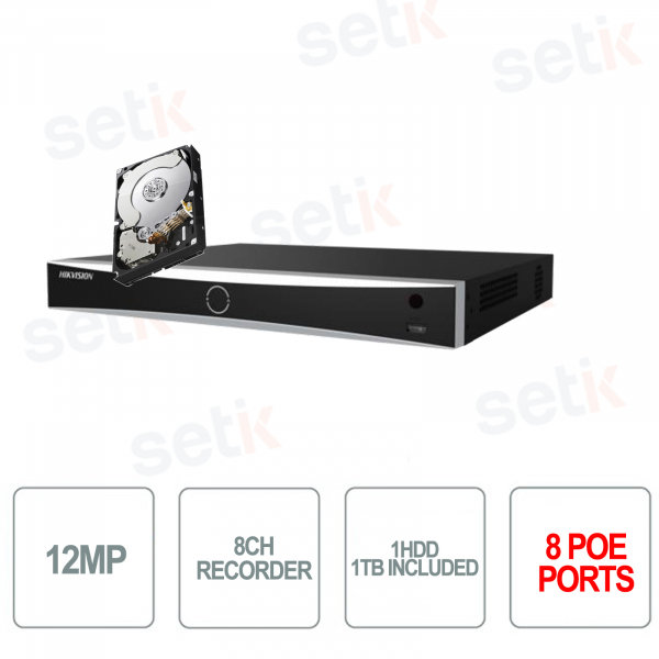 HIKVISION NVR 8 Canales - 8 puertos PoE HDMI 4K VGA 12 MP