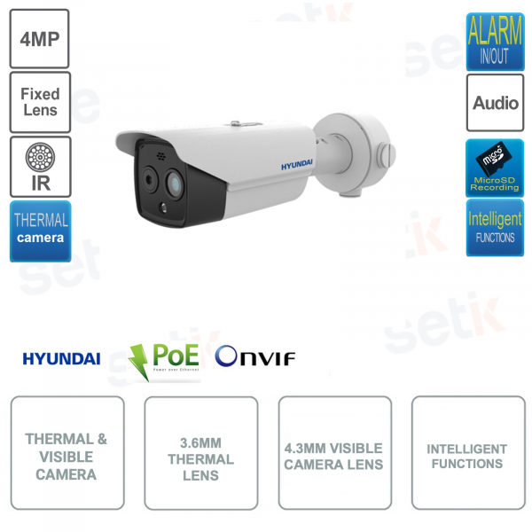 Cámara IP POE ONVIF® - Térmica y visible - Lente térmica de 3,6 mm - Lente visible de 4,3 mm
