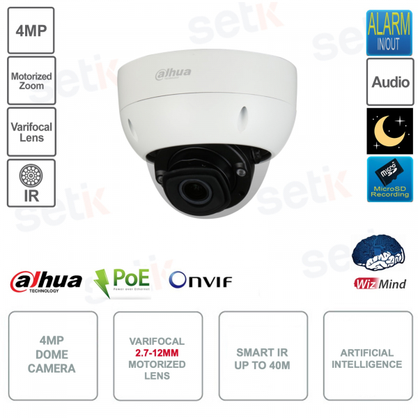 Cámara domo 4MP IP POE ONVIF® - Lente 2.7-12mm - Starlight - Smart IR 40m - Inteligencia artificial - Versión S2