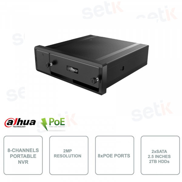 NVR IP POE portable - 8 canaux - 2MP - Intelligence Artificielle - WIFI - Audio - Alarme