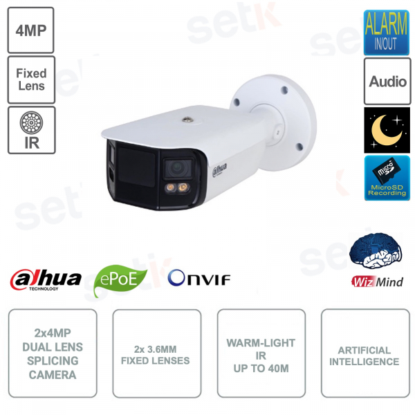 Telecamera panoramica 2x4MP IP POE ONVIF® - Doppia ottica 3.6mm - Intelligenza artificiale