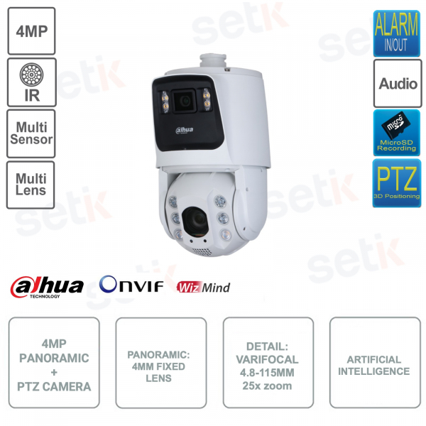 Cámara panorámica + PTZ - IP ONVIF® - Lente panorámica 4mm - Detalle 4,8 mm–115 mm - Inteligencia artificial